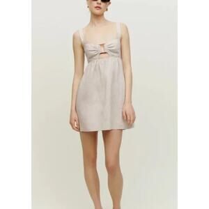 Reformation Women's Noel Linen Dress 10 Oatmeal Front Buckle Sleeveless Fitted